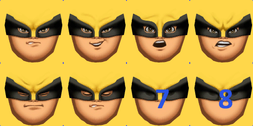 Wolverine's head textures have its two empty slots contain placeholder faces marked 7 and 8, instead of these being whited/blacked out like other characters.