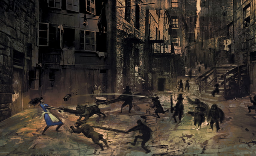 Alice being attacked by civilians. Alice being attacked by civilians.
