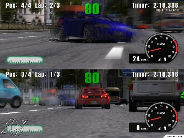 Early Split Screen gameplay, showing both Venom SX and Thunderbolt GT, as well as the old HUD. Early Split Screen gameplay, showing both Venom SX and Thunderbolt GT, as well as the old HUD.