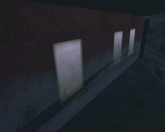 Three lights for non-existent windows behind the back wall of the building mentioned above. Three lights for non-existent windows behind the back wall of the building mentioned above.