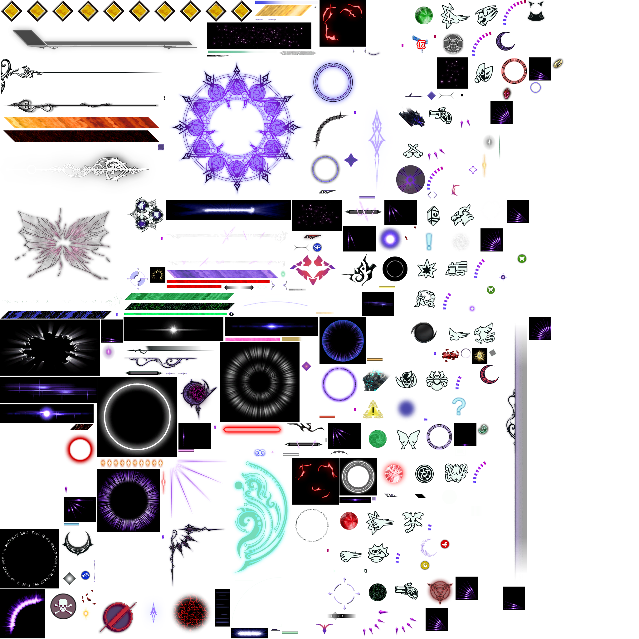 An assortment of small HUD icons and effect graphics. Included are a small icon of Love is Blue with the word 仮 ("temporary") over it and icons of Sin Gomorrah and Arch-Iridescent with earlier designs.