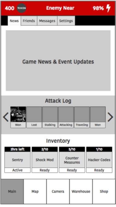 Early concept of a main menu that includes an inventory with items that never made their way to the final game.