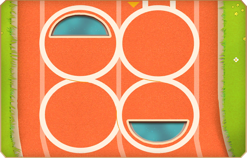 Four Circles. The sand pit is absent, as well as the timer. Water is a darker blue with white speckles.