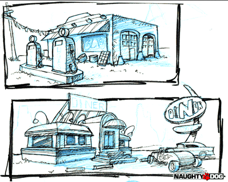 Sketches of a diner and a gas station. Sketches of a diner and a gas station.