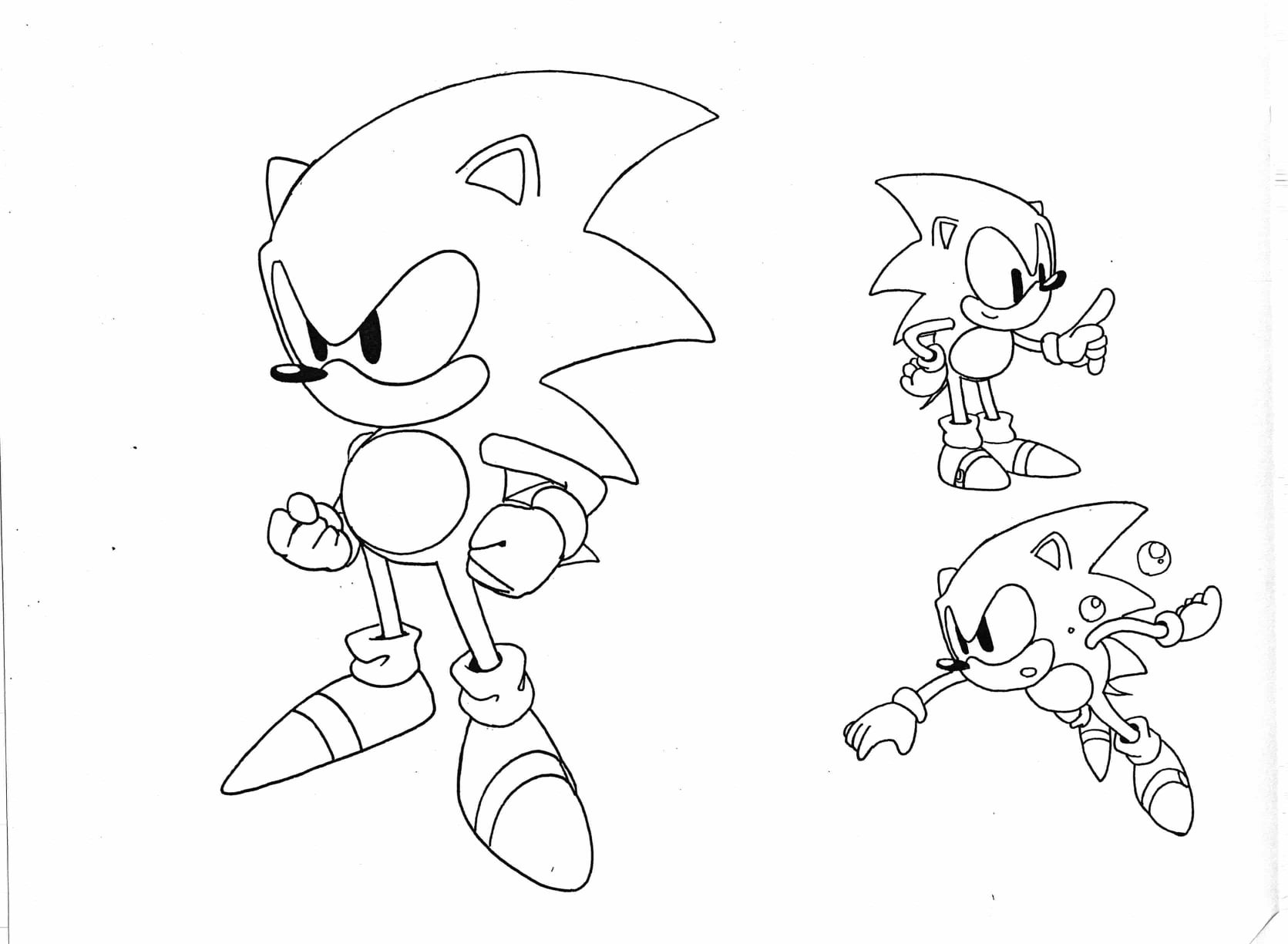 More line art of Sonic poses. The swimming pose (bottom right) is missing a bubble in the manual. More line art of Sonic poses. The swimming pose (bottom right) is missing a bubble in the manual.