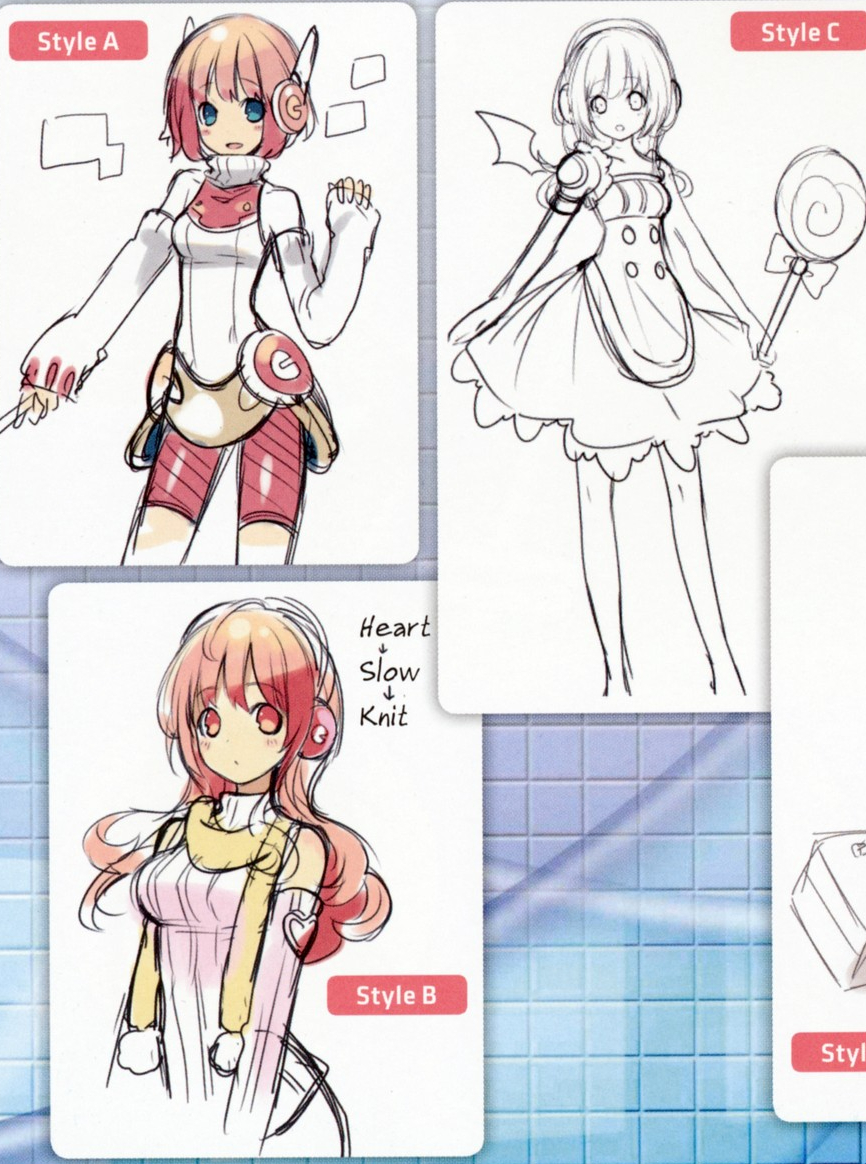 In the "Neptunia + mk2 art book", she originally had a short bob, a white sweater with detached sleeves, pink shorts, a belt, and two ear pieces resembling robot ears. Her later drafts were much closer to her current design, but wore different outfits (like a maid dress in her C and D drafts), with one having her with little devil wings and a lollipop as her choice weapon.