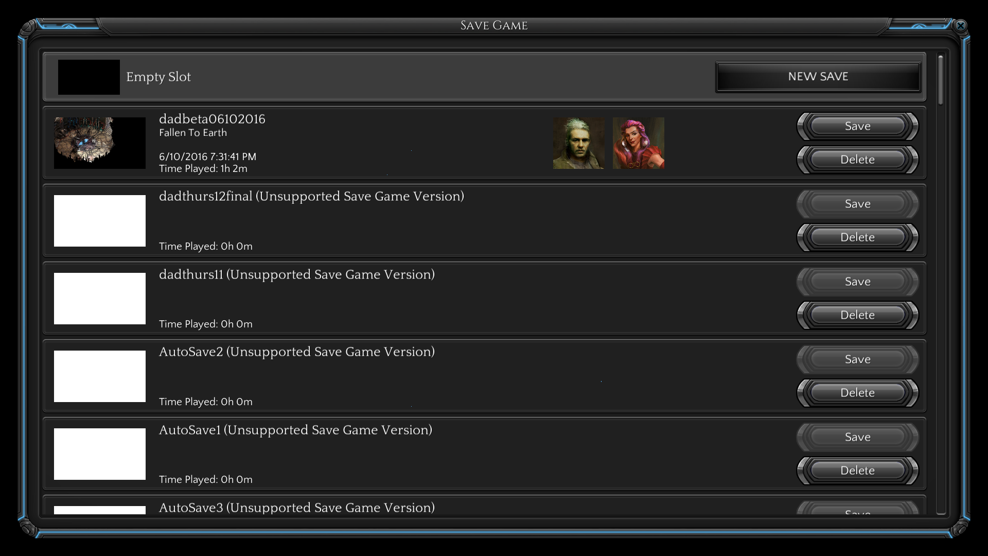 Save game screen - note the unsupported saves from a previous beta