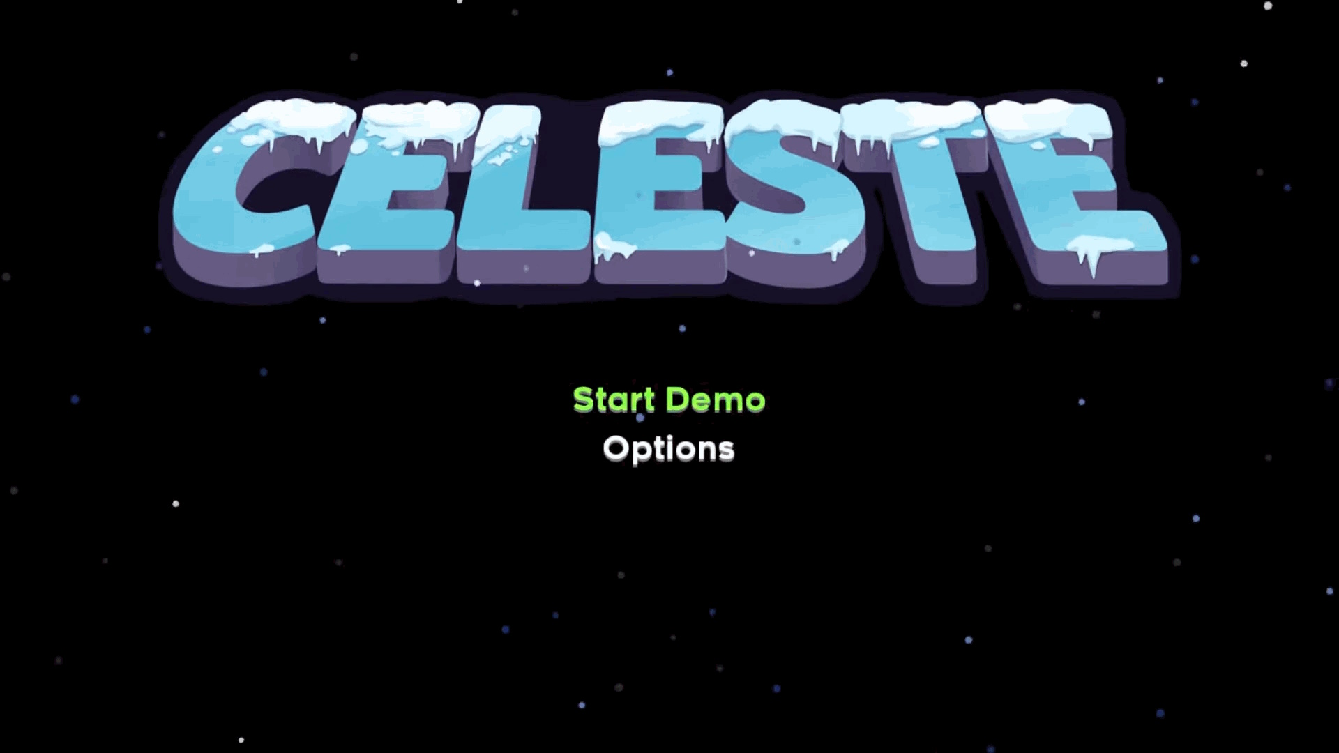The title menu, showing the Celeste menu as well as two buttons: "Start Demo" and "Options". The title menu, showing the Celeste menu as well as two buttons: "Start Demo" and "Options".
