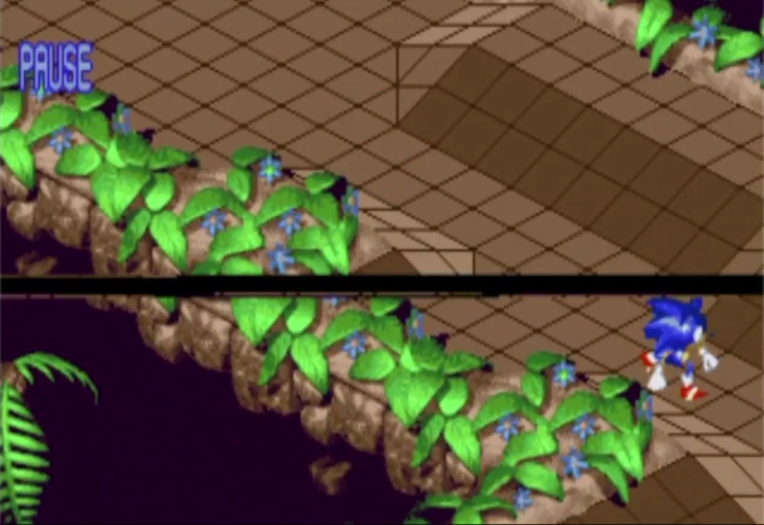 The pause function in the build. Appears to temporarily remove Sonic from the top screen.