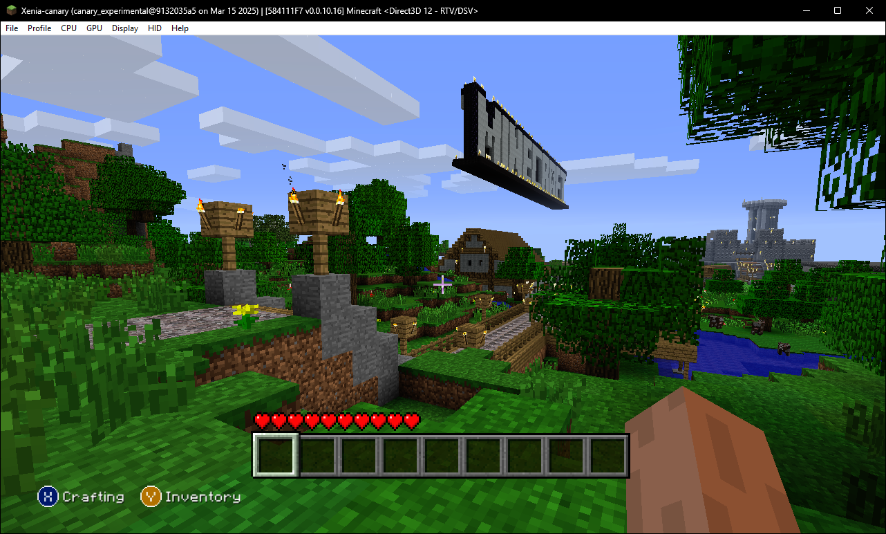 A view at the town, the Minecraft logo, and the castle seen from along the pathway. A view at the town, the Minecraft logo, and the castle seen from along the pathway.