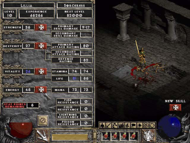 Retail interface, but a very old (yet interesting) character screen. Mysterious button present and a look at how "New Skill" would've shown up in the alpha version. Also has a Sorc with 2-hand sword.