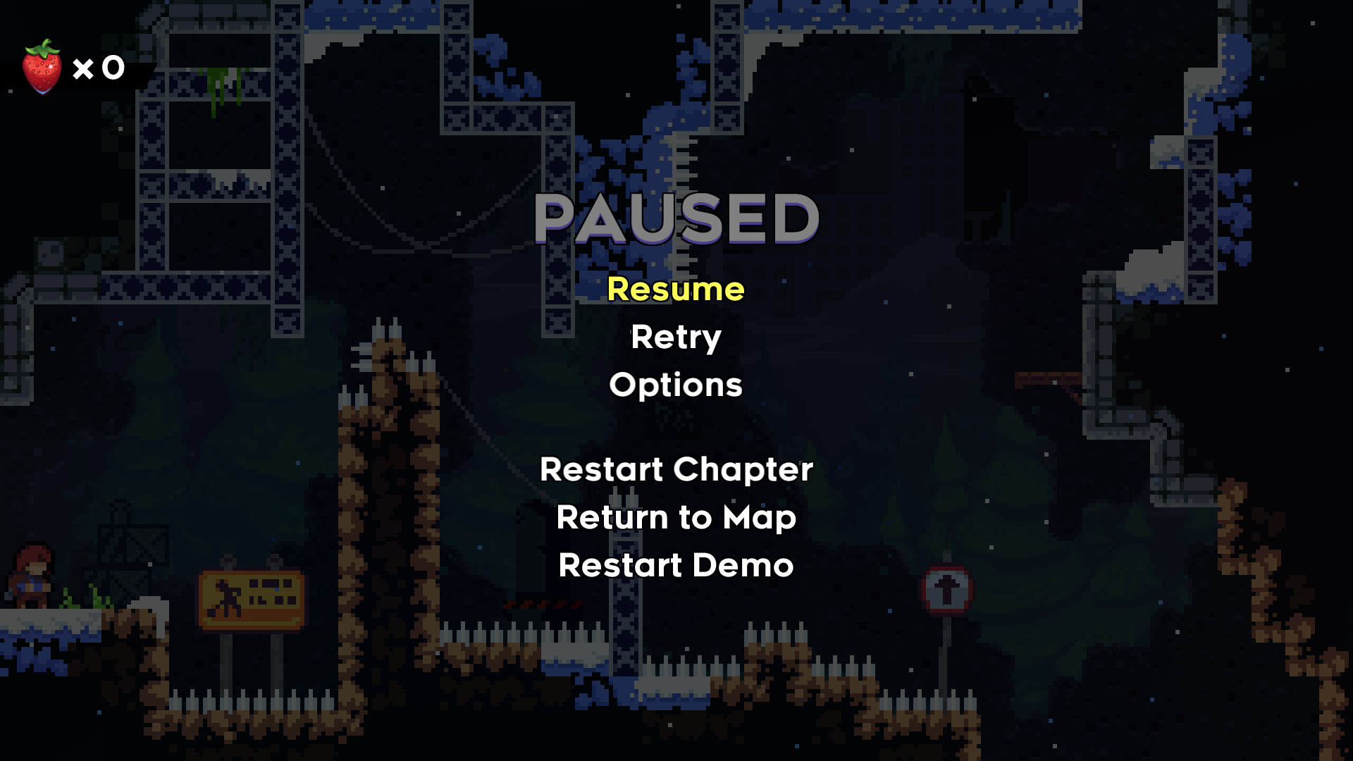 The pause menu with the "Restart Demo" option The pause menu with the "Restart Demo" option