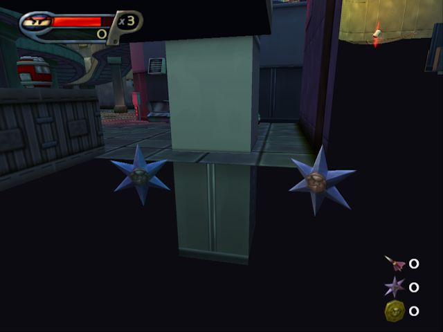 Two shurikens out of bounds beside the breakable boxes at the end of the stage. Two shurikens out of bounds beside the breakable boxes at the end of the stage.