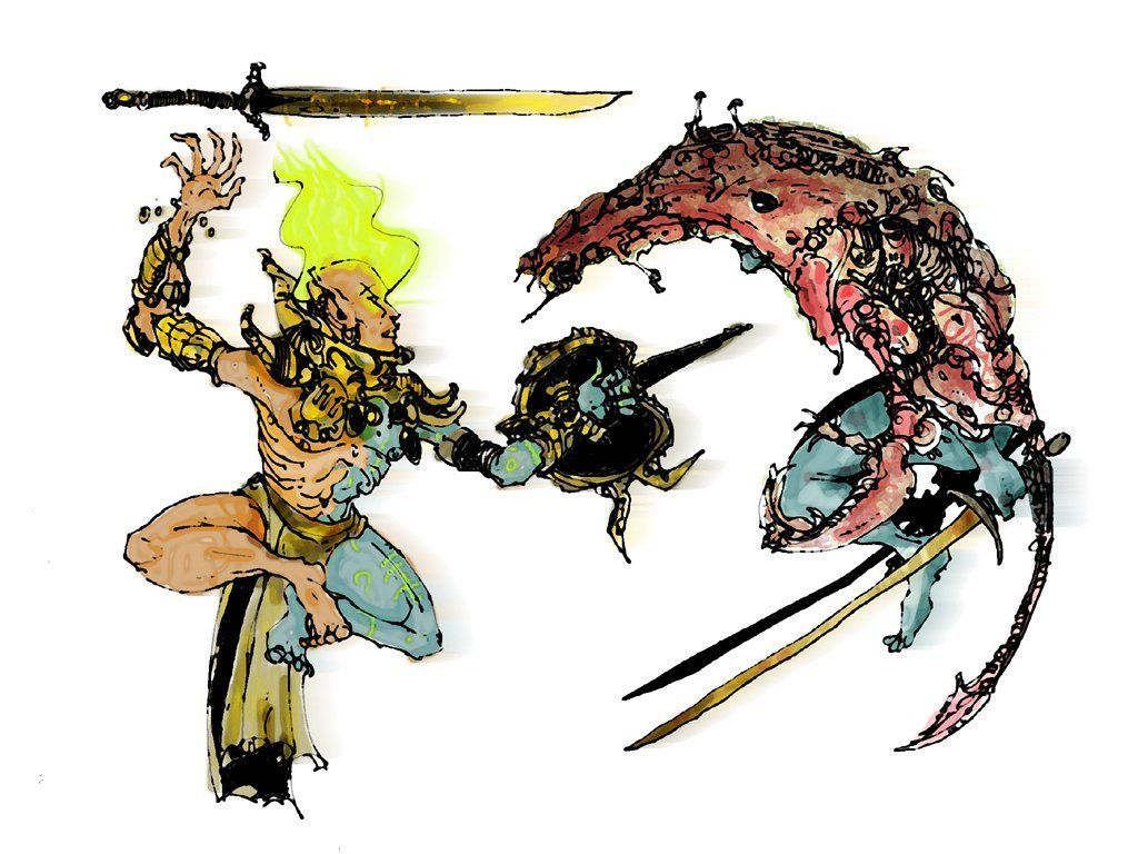 Vivec Fighting The Ruddy Man - The battle between The Ruddy Man and Lord Vivec, as described in the 36 Lessons of Vivec.