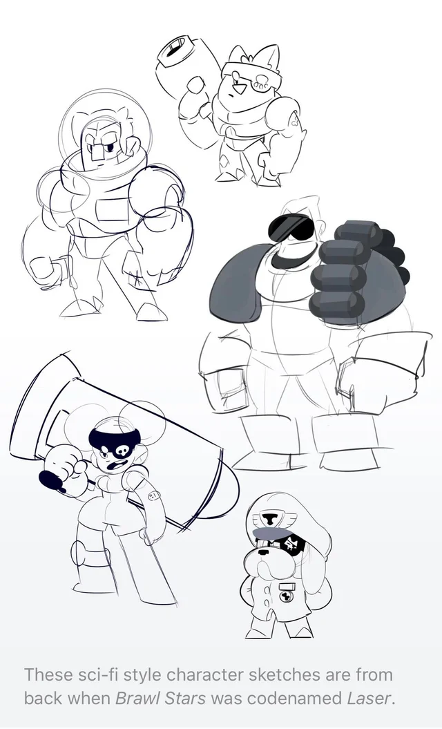Concept art of scrapped characters. Drawn by Paul, the official concept artist for Brawl Stars (@pawchaw on twitter). Interestingly, the soldier dog is a brawler called Colonel Ruffs now.