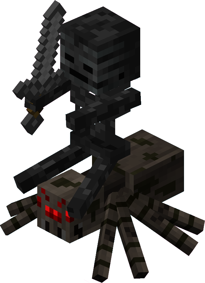 An isometric render of a Wither skeleton riding a spider. An isometric render of a Wither skeleton riding a spider.