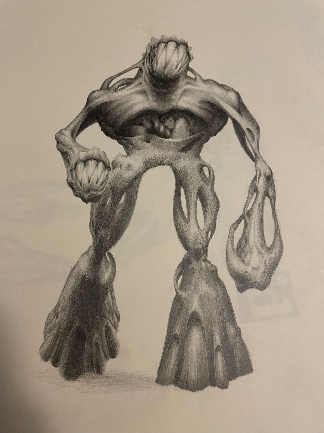 A similar version of the 2nd sketch, but complete. The head looks adjacent to the in-game design. The only differences is the size once more, as it is more lankier as well as the arms and hands. Some weird tendrils connect from the shoulders to the neck and head, the torso's abdominal area also has more exposed organs, and the hands are now also mouths. A similar version of the 2nd sketch, but complete. The head looks adjacent to the in-game design. The only differences is the size once more, as it is more lankier as well as the arms and hands. Some weird tendrils connect from the shoulders to the neck and head, the torso's abdominal area also has more exposed organs, and the hands are now also mouths.