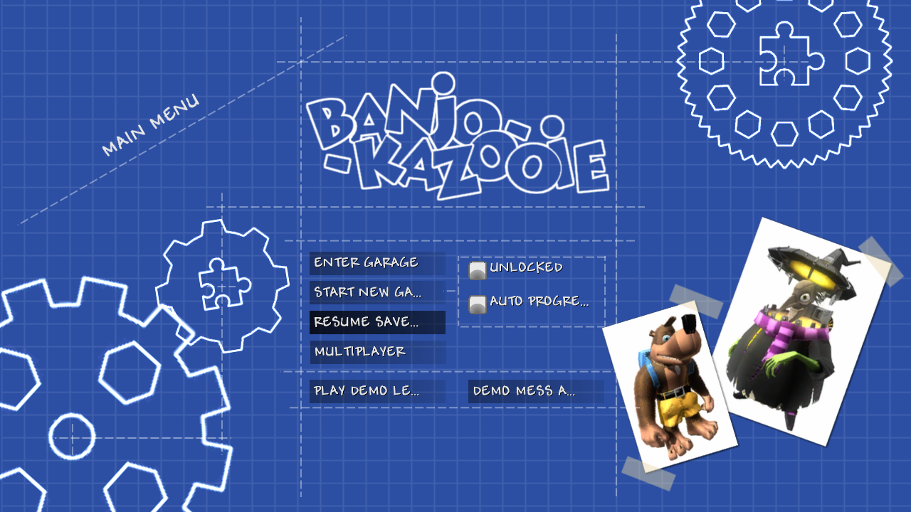 The early main menu as seen in-game. The early main menu as seen in-game.