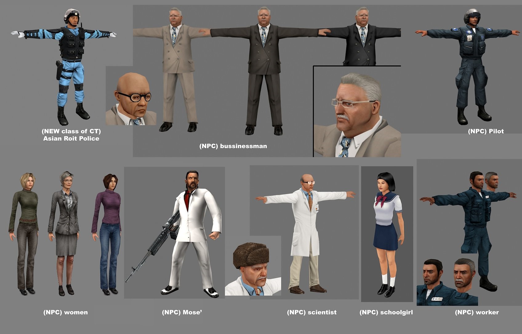 Renders of various character models. Note the cut old lady model and blue worker's outfit.
