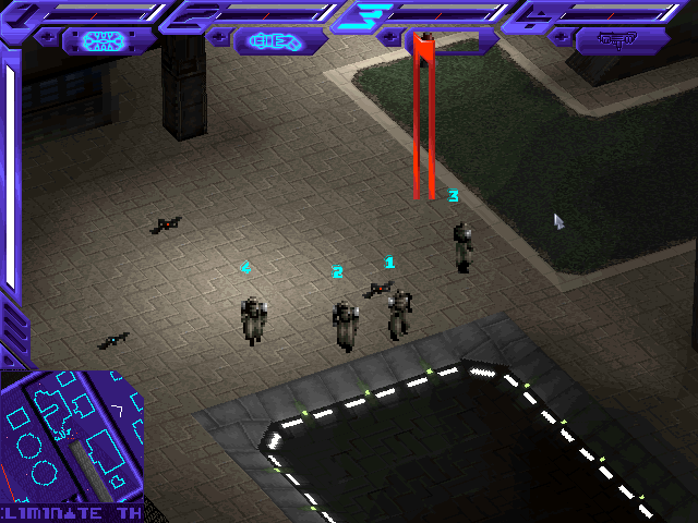 Agents equipped with the Napalm Mine, Sonic Blast, and Unknown Weapon respectively. Note corrupt energy bar graphic on the third agent with the Unknown Weapon selected
