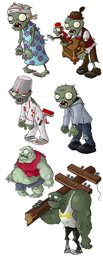 Several different scrapped zombie designs, showing off a zombie with a cluster of bandages on its head, what is most likely an early Jack-In-The-Box design with a monkey on top of the box, an original Buckethead design that reveals what appeared to be blood on its bucket as mere red paint, a zombie wearing a hoodie, a more tank-like Imp or early design of a Gargantuar, and another early design of the Gargantuar carrying its telephone pole.