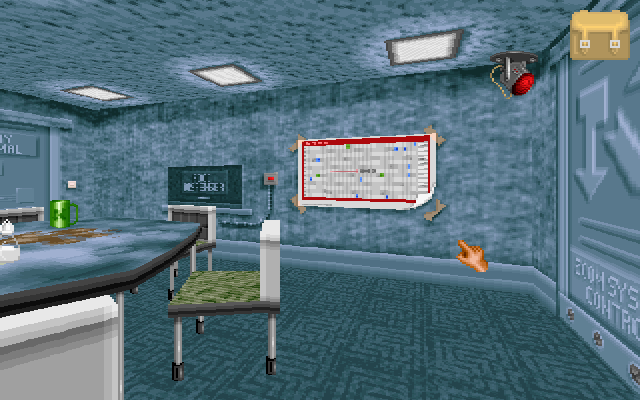The cells section of the Ordinary Outpost—note the similarity in wall and floor textures, and the same schedule texture. This room is also the closest in purpose to the prerelease screenshot. The cells section of the Ordinary Outpost—note the similarity in wall and floor textures, and the same schedule texture. This room is also the closest in purpose to the prerelease screenshot.