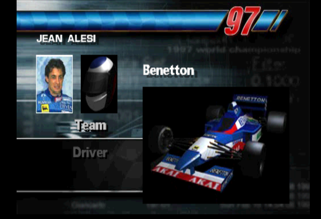 Team/driver selection screen. Note the misaligned team & driver text.
