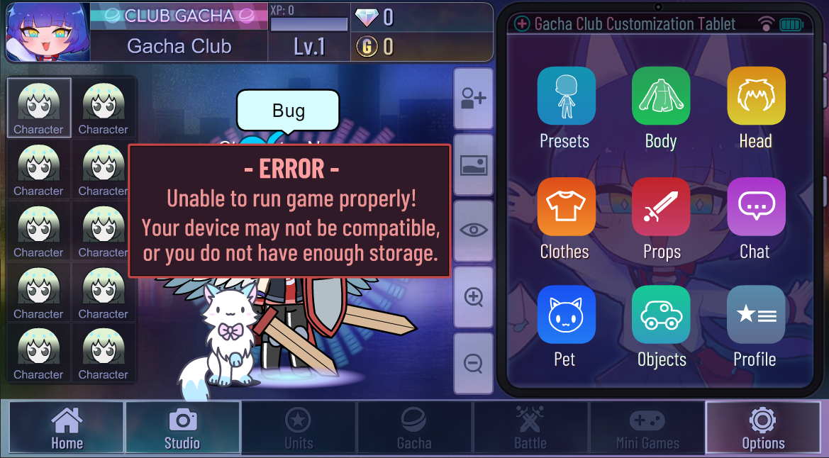 Charactery glitch/bug shown in PC version of Gacha Club. Note, that other characters in character selection get replaced with "Character". Charactery glitch/bug shown in PC version of Gacha Club. Note, that other characters in character selection get replaced with "Character".
