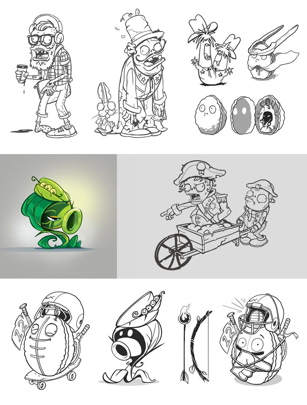 Concept art for various heroes and cards.