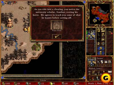 In the final release player doesn't meet Xanthor, just an unknown traveler. Xanthor is a Roland's advisor in MM8. Screen from Barbarian Breakout scenario.