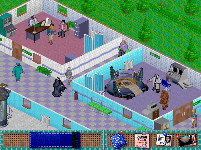 Source image for another picture printed in Génération 4 June 1996 issue above. There is a nurse administering medication in what appears to be a joint Pharmacy and GP's office. In the final game this can't happen as each room can only have one purpose. The electrolysis machine also has a general diagnostic cart and screen inside it, and a placard inside the room.