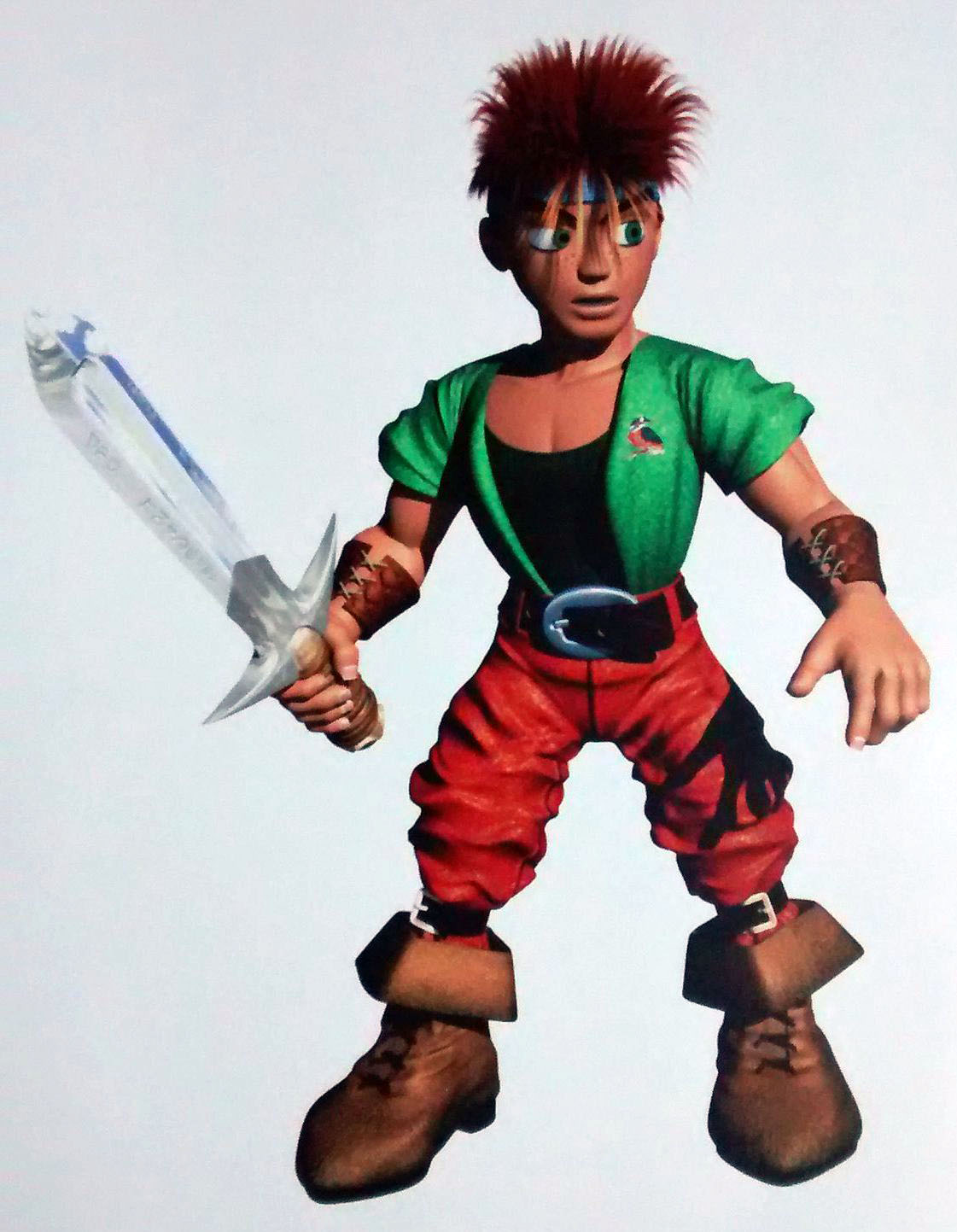 ...and the N64. The gloves were replaced with leather cuffs, the undershirt was changed to black from red, the belt buckle was redesigned, his hair became brown, and he looks noticeably less anime-esque. Notably, there is a bird insignia on his shirt and writing on the blade of his sword. ...and the N64. The gloves were replaced with leather cuffs, the undershirt was changed to black from red, the belt buckle was redesigned, his hair became brown, and he looks noticeably less anime-esque. Notably, there is a bird insignia on his shirt and writing on the blade of his sword.