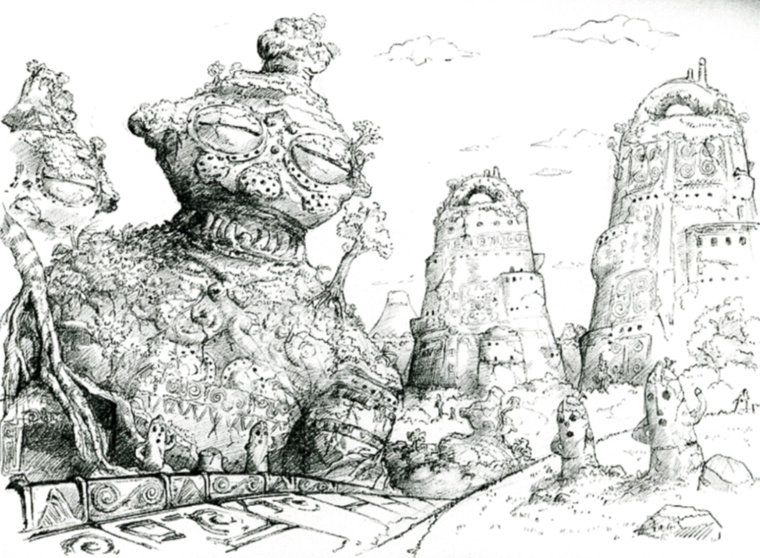 Concept art for a scrapped ruins level. The level draws inspiration from Japanese earthenware items and metalwork such as Dogū, Haniwa, and Dōtaku.