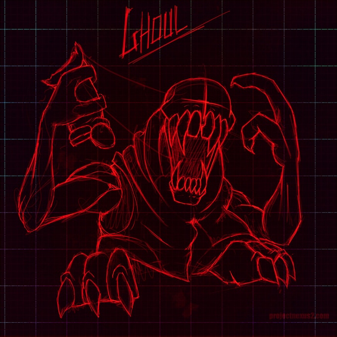 Concept art for the Ghoul enemy which looks completely different compared to its final design, having a more fleshy appearance and more undead-like while the final is more robotic.