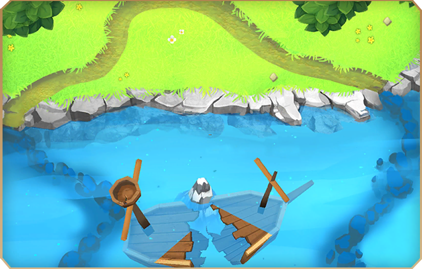 Off The Coast. More of the sunken ship is unobscured compared to the final, and the map goes for a rocky and grass terrain with trees rather than a beach with some cliffs compared to the final. There is a rock the ship is crashed into, and there appears to be less placeable areas for towers on the ship than the final map.