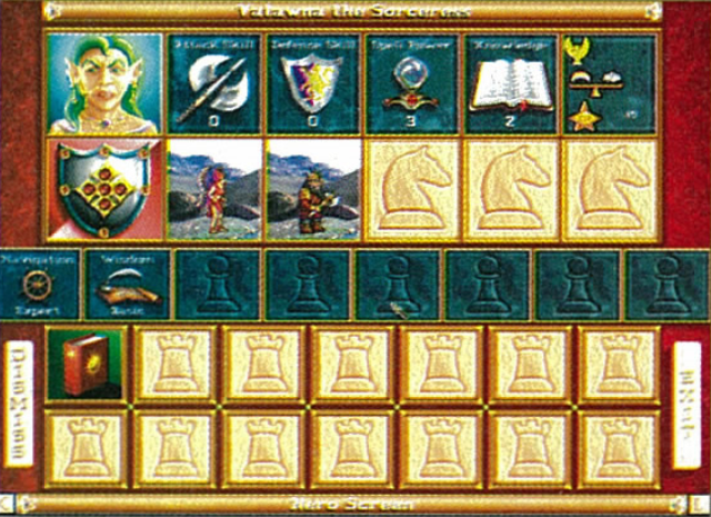 Sorceress creatures have placeholder backgrounds from Barbarian town. Vatawna's portrait is still old version from HoMM1. Different placement of Morale, Luck, Experience and Mana points.