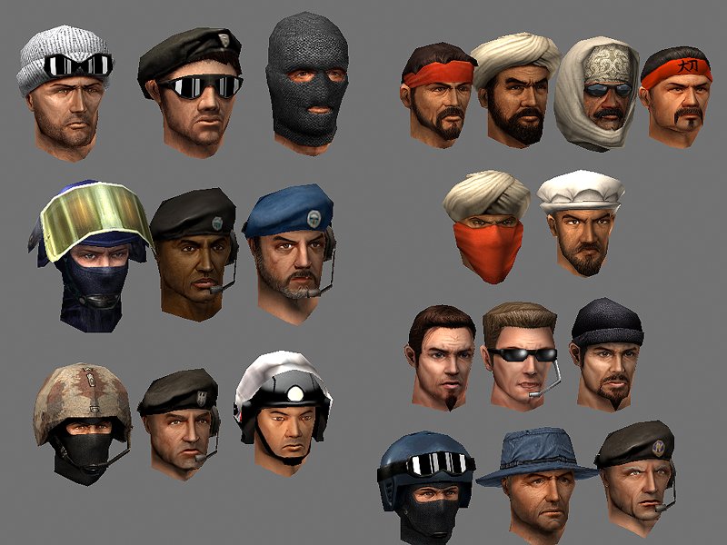 Head variations. Note the cut GIGN commander and SWAT boonie hat-wearing variants.