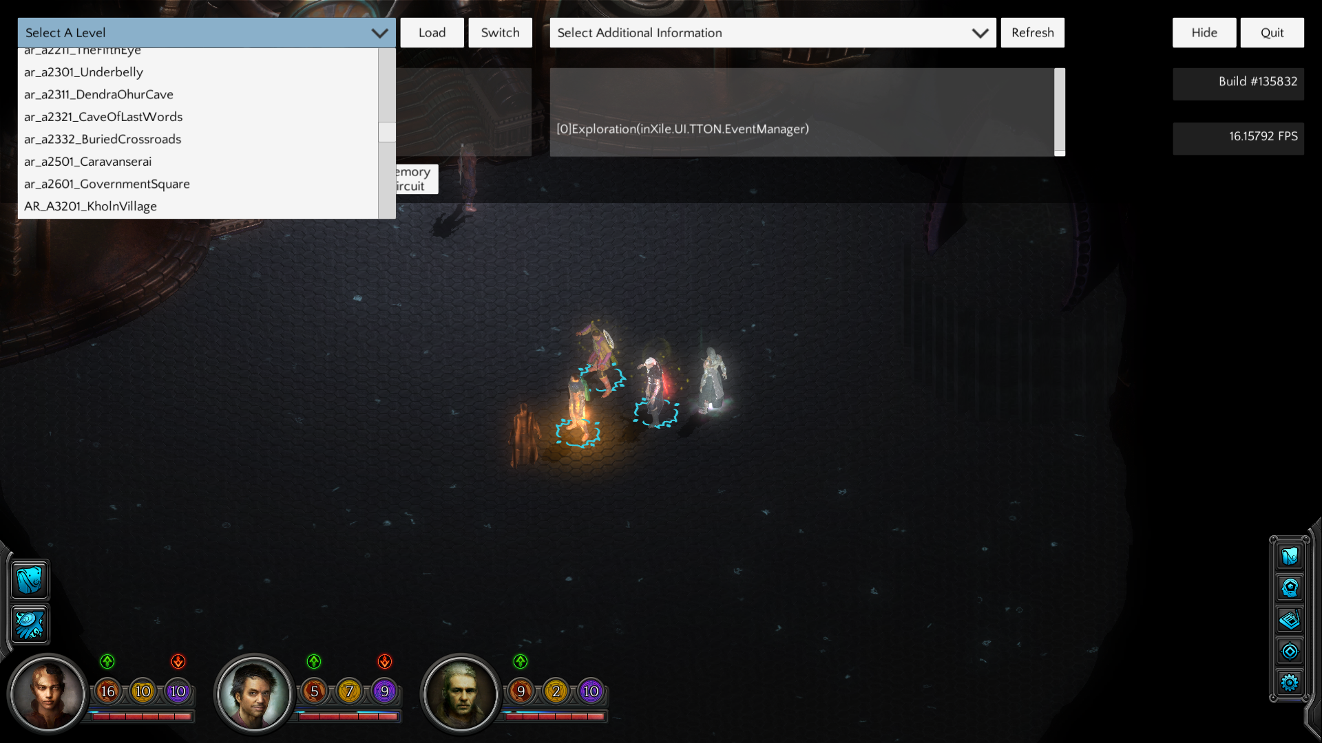 Debug screen - Select a Level
