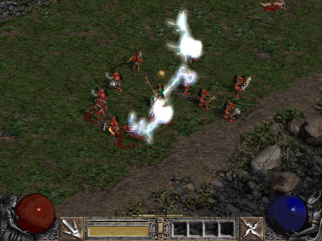 Sorceress using a skill that might be Chain Lightning. The skill icon is different and feels like an icon for an AoE skill.