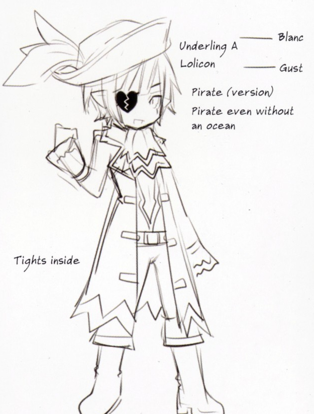 This design would've been around Gust and Blanc's height, with her design being very similar to Arfoire except much younger and donning a pirate outfit. This design would've been around Gust and Blanc's height, with her design being very similar to Arfoire except much younger and donning a pirate outfit.