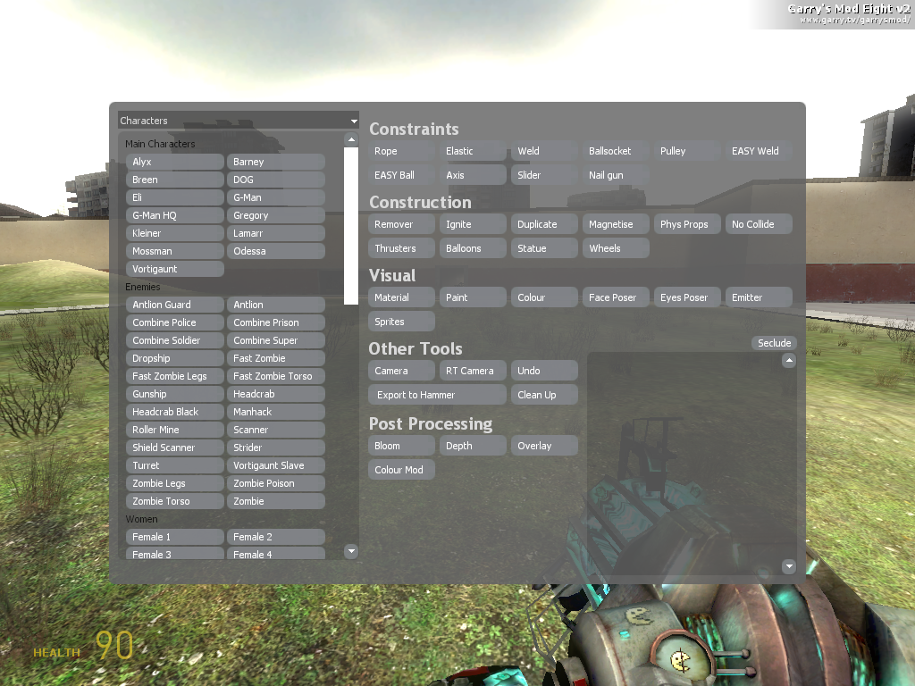 The spawnmenu in Garry's Mod 8 supports spawning weapons and NPCs and comes with a handy scroll bar for navigation. The spawnmenu in Garry's Mod 8 supports spawning weapons and NPCs and comes with a handy scroll bar for navigation.