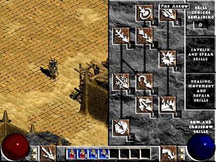 An old image of Act 2, with the Amazon's Bow and Crossbow Skills tree open. A lot of very interesting things in this screenshot - notably the different looking hover-over for skills, and that the Passive and Magic tree is called Healing, Movement, and Repair Skills in this build. Also the interface is older and uses the D1-style potion display.