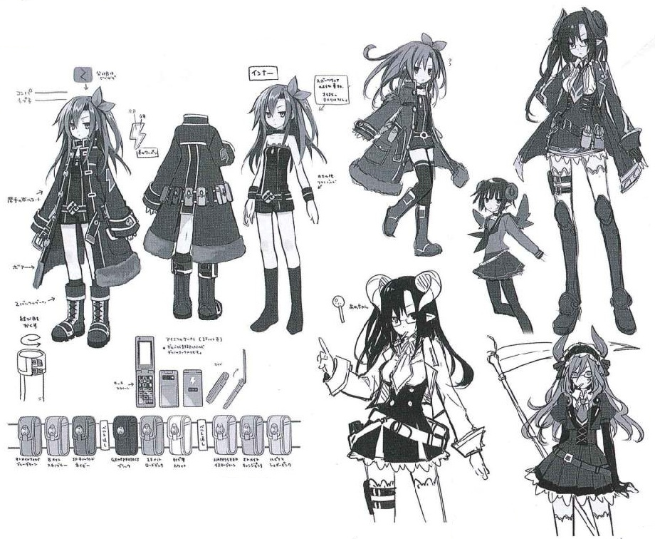 She had more demonic features in her drafted designs, with the implication that she was the sole Maker to not be a human. She also had darker hair, wore a red Victorian-like outfit, was bespectacled, and had a more mature figure. One design depicted her much younger-looking, had a bob cut, wore a sailor school uniform, and had curly horns.