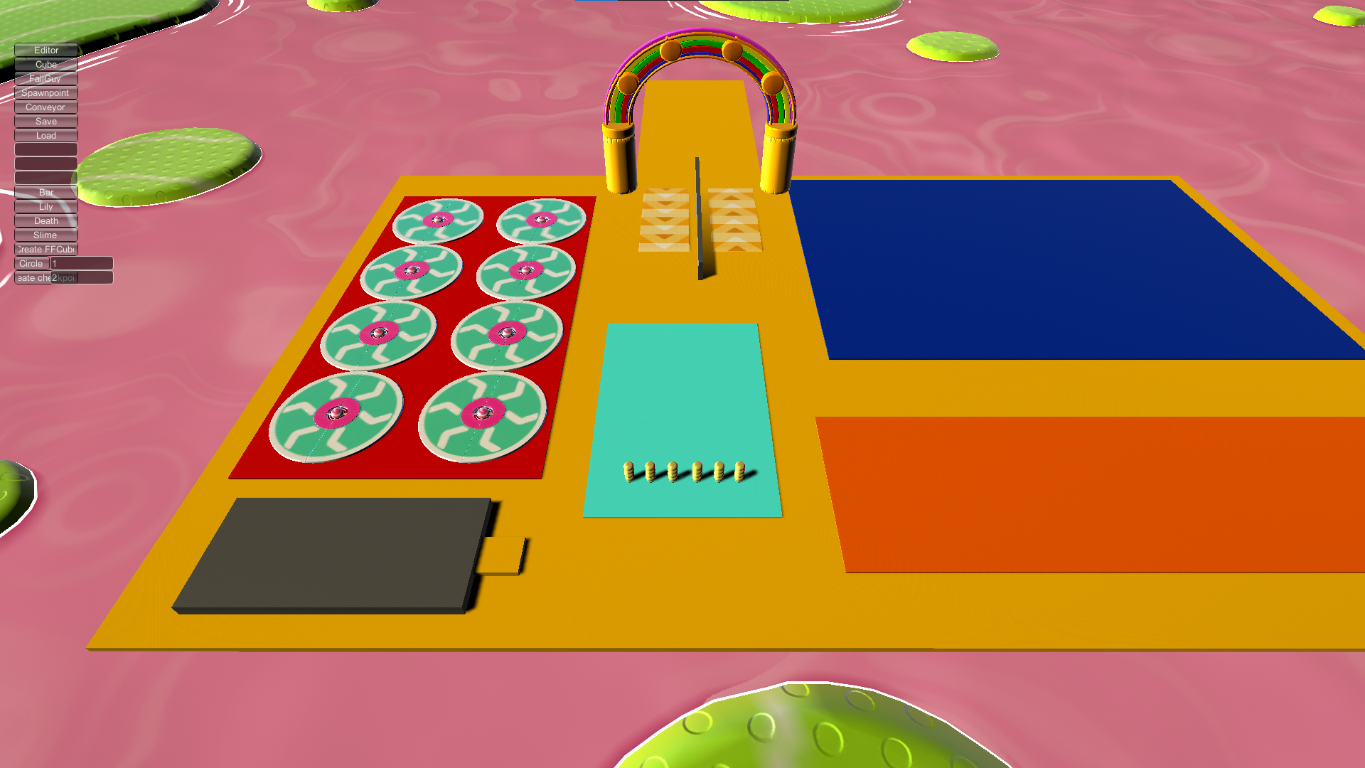 A test map with different kinds of surfaces and obstacles.