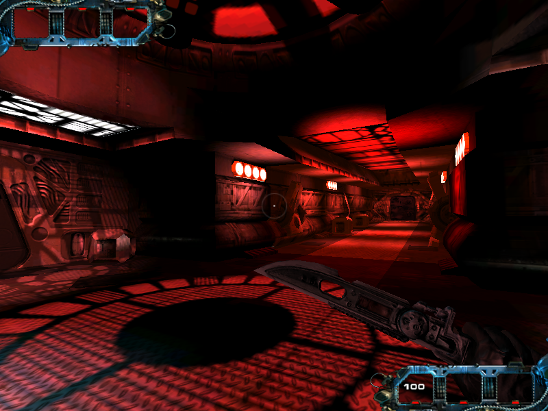 An identical hallway to the starting area, with red lights instead of white lights. An identical hallway to the starting area, with red lights instead of white lights.