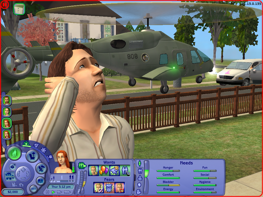 Big Boss's Helicopter landing and hurting a Sim's ears.
