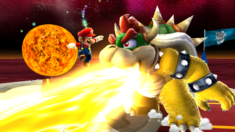 Bowser is spitting a giant flame here. In the final game, this doesn't happen. Additionally, the planet that Bowser is fought on is an arena. Bowser is spitting a giant flame here. In the final game, this doesn't happen. Additionally, the planet that Bowser is fought on is an arena.