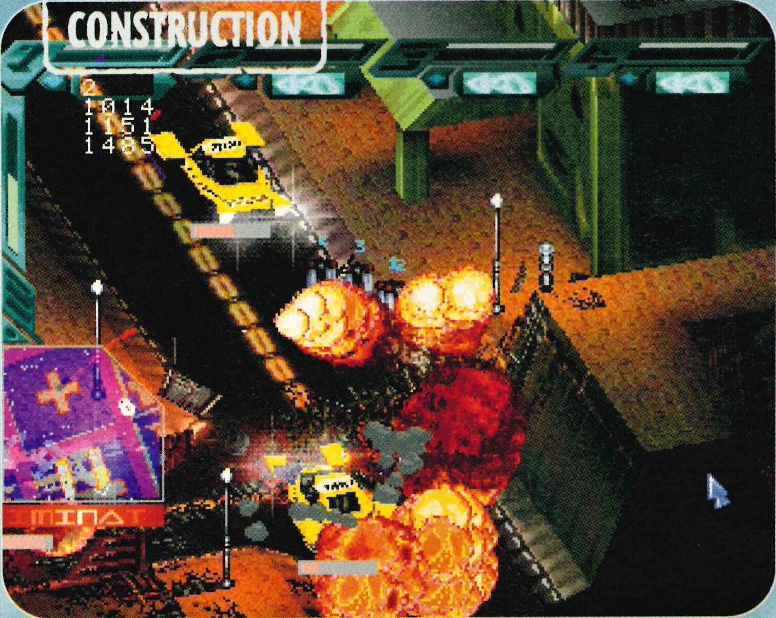 Note the debug values below the first agent's weapons, it's unknown what these would mean. The vehicles also have different looking health bars and the scanner is very different in design to the final, with the objective text still displayed below it like in the PC game. This was totally removed for the final PS1 version.