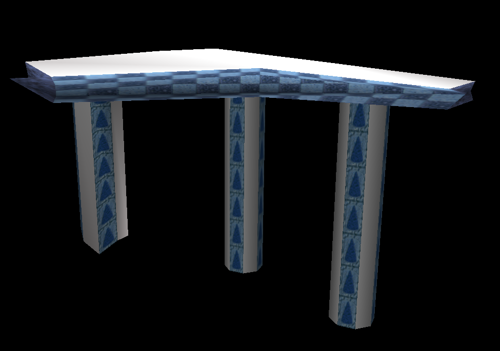 This is the platform that the player spawns on. It greatly resembles a pillar structure seen in the geometry for Act 1. The pillars have arrows pointing up, and the broken parts of the model have a purple rock texture. The surface of the structure is the same as its Act 1 counterpart: a tan-colored texture.