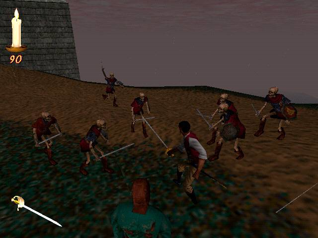 A battle in the graveyard with a mob of early model skeletons.